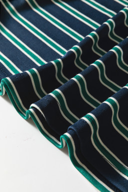 Green Stripe Ribbed Color Block Patchwork Crew Neck Patch Pocket Long Sleeve Top