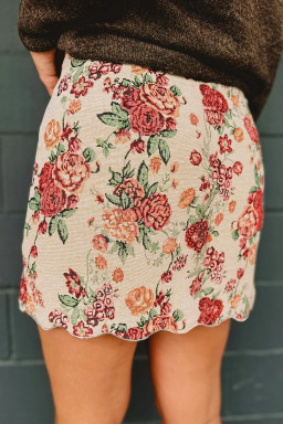 Apricot Buttoned Front Scalloped Trim Mini Jacquard Floral Skirt