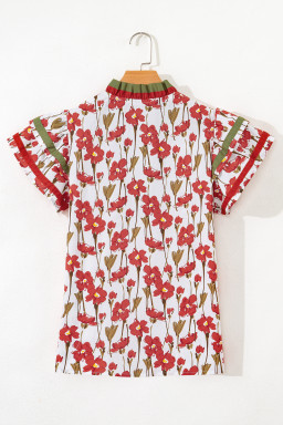 Red Floral Print Contrast Trim V Neck Double Ruffled Short Sleeve Blouse