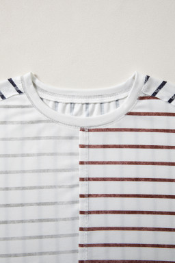 Khaki Stripe Colorblock 3/4 Sleeve Loose T Shirt