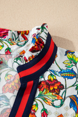 Multicolour Contrasted V Neckline Floral Puff Short Sleeve Blouse