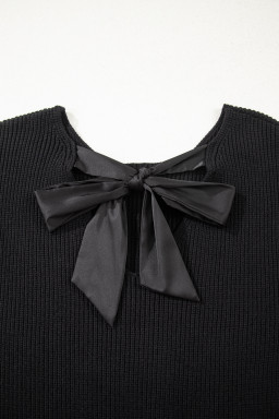 Black Ribbed Knit Ribbon Knot Backless Drop Shoulder Sweater