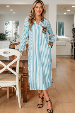 Sky Blue Stripe Contrast Leopard Patchwork Long Shirt Dress with Slits