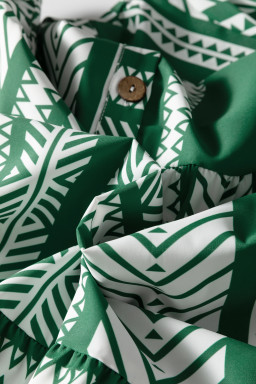 Green Boho Ethnic Print Half Button 3/4 Sleeve Casual Dress