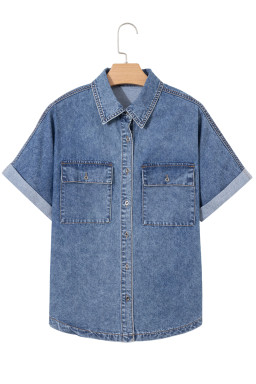 Ashleigh Blue Button Flap Pocket Cuffed Short Sleeve Denim Shirt