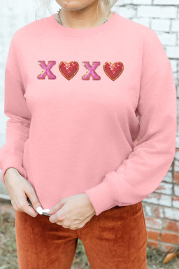 Pink XOXO Sequin Heart Patched Valentines Day Drop Shoulder Sweatshirt