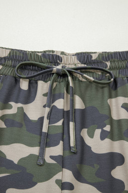 Green Tie Elastic Waist Pocketed Plus Size Camo Shorts