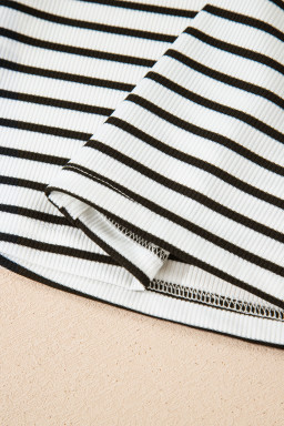 Black Stripe Ribbed Knit Half Button Long Sleeve Slim Top