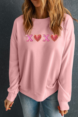 Pink XOXO Sequin Heart Patched Valentines Day Drop Shoulder Sweatshirt