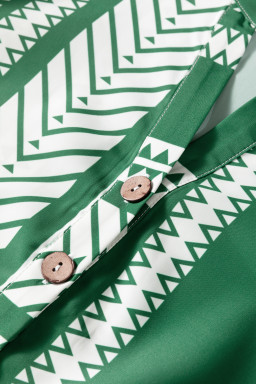 Green Boho Ethnic Print Half Button 3/4 Sleeve Casual Dress