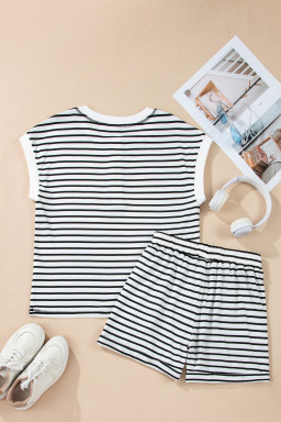 Black Stripe Half Buttons Top and Shorts Set