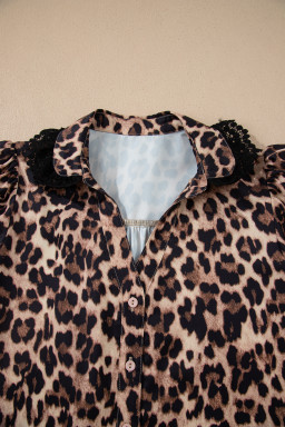Brown Leopard Print Button Down Lace Trim Short Sleeve Shirt