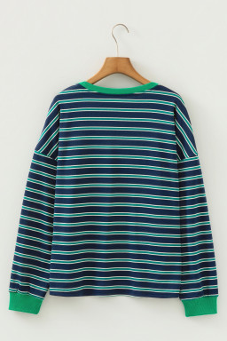 Green Stripe Ribbed Color Block Patchwork Crew Neck Patch Pocket Long Sleeve Top