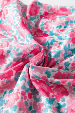 Pink Slim Fit Floral Mesh Long Sleeve Mock Neck Top