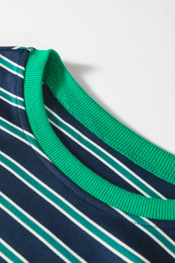 Green Stripe Ribbed Color Block Patchwork Crew Neck Patch Pocket Long Sleeve Top