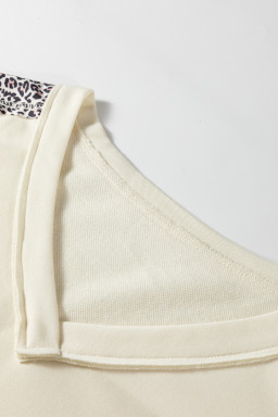 Apricot V Neck Exposed Seam Leopard Color Block Patchwork Half Sleeve Top