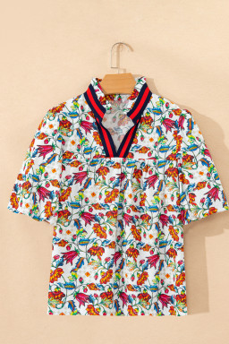Multicolour Contrasted V Neckline Floral Puff Short Sleeve Blouse