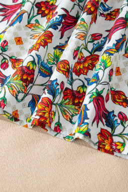 Multicolour Contrasted V Neckline Floral Puff Short Sleeve Blouse