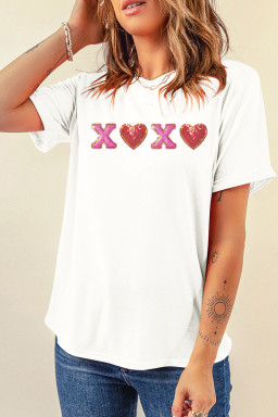 White XOXO Sequin Heart Patched Valentines Day Cuffed T Shirt