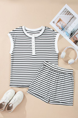 Black Stripe Half Buttons Top and Shorts Set