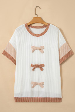 Apricot Bowknot Applique Plus Size Ribbed Top