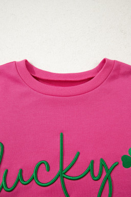 Rose Red Lucky Clover Embroidered Loose Pullover Sweatshirt