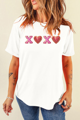 White XOXO Sequin Heart Patched Valentines Day Cuffed T Shirt