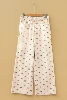 Apricot Bow Print Drawstring Elastic Waist Loose Corduroy Pants