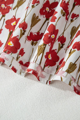 Red Floral Print Contrast Trim V Neck Double Ruffled Short Sleeve Blouse