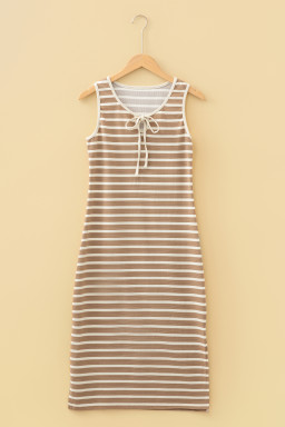 Khaki Stripe Tie V Neck Sleeveless Side Slit Midi Dress