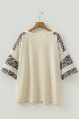 Apricot V Neck Exposed Seam Leopard Color Block Patchwork Half Sleeve Top