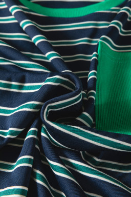 Green Stripe Ribbed Color Block Patchwork Crew Neck Patch Pocket Long Sleeve Top