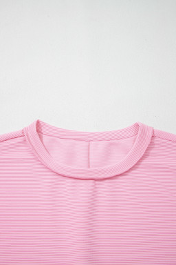 Pink Horizontal Ribbed Exposed Seam Detail Drop Shoulder Baggy Pullover