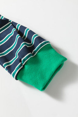 Green Stripe Ribbed Color Block Patchwork Crew Neck Patch Pocket Long Sleeve Top