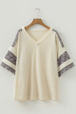 Apricot V Neck Exposed Seam Leopard Color Block Patchwork Half Sleeve Top