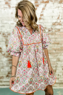 Pink Floral Print Tassel Tie V Neck Scalloped Detail Loose Mini Dress