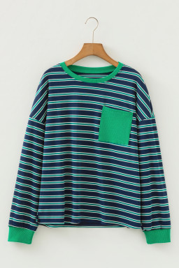 Green Stripe Ribbed Color Block Patchwork Crew Neck Patch Pocket Long Sleeve Top