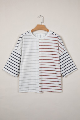 Khaki Stripe Colorblock 3/4 Sleeve Loose T Shirt