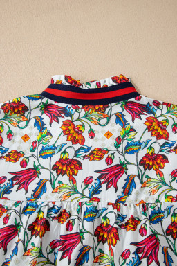 Multicolour Contrasted V Neckline Floral Puff Short Sleeve Blouse