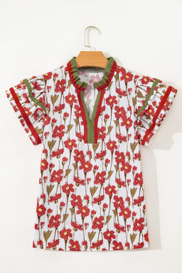 Red Floral Print Contrast Trim V Neck Double Ruffled Short Sleeve Blouse