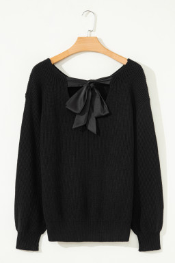 Black Ribbed Knit Ribbon Knot Backless Drop Shoulder Sweater