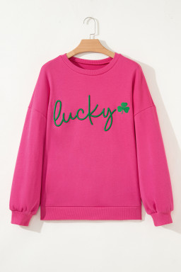 Rose Red Lucky Clover Embroidered Loose Pullover Sweatshirt
