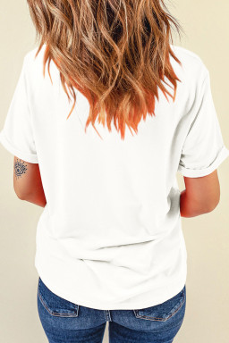 White XOXO Sequin Heart Patched Valentines Day Cuffed T Shirt