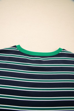 Green Stripe Ribbed Color Block Patchwork Crew Neck Patch Pocket Long Sleeve Top