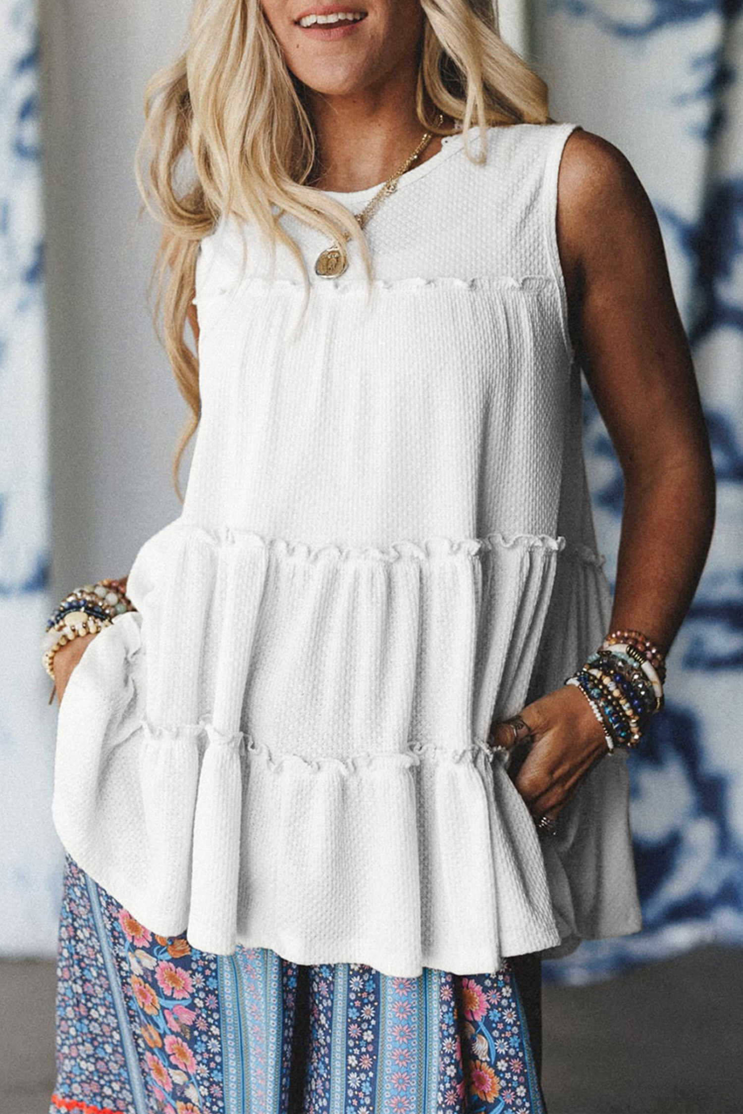 White Tiered Frill Trim A-line Tank Top