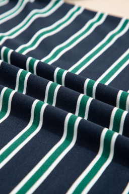 Green Stripe Ribbed Color Block Patchwork Crew Neck Patch Pocket Long Sleeve Top