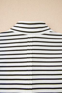 Black Stripe Ribbed Knit Half Button Long Sleeve Slim Top