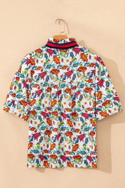 Multicolour Contrasted V Neckline Floral Puff Short Sleeve Blouse