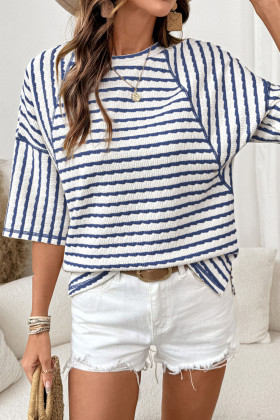 Blue Stripe Textured Knit Split Hem Half Sleeve Loose Top