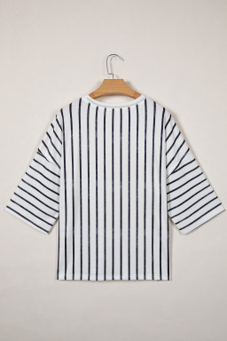 Khaki Stripe Colorblock 3/4 Sleeve Loose T Shirt